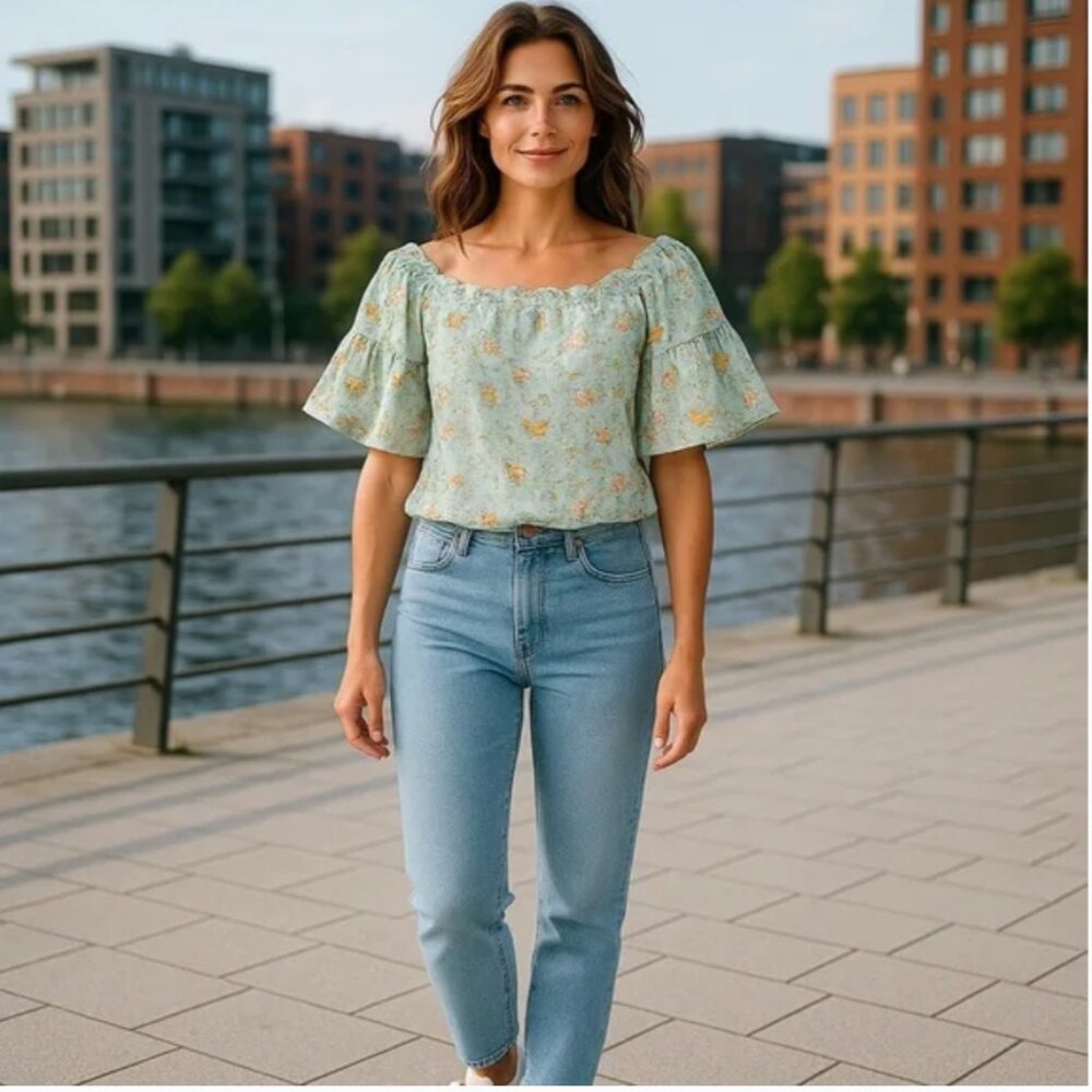 LAIA by Anthropology Green Floral Embroidered Eyelet Off-Shoulder Tiered Top